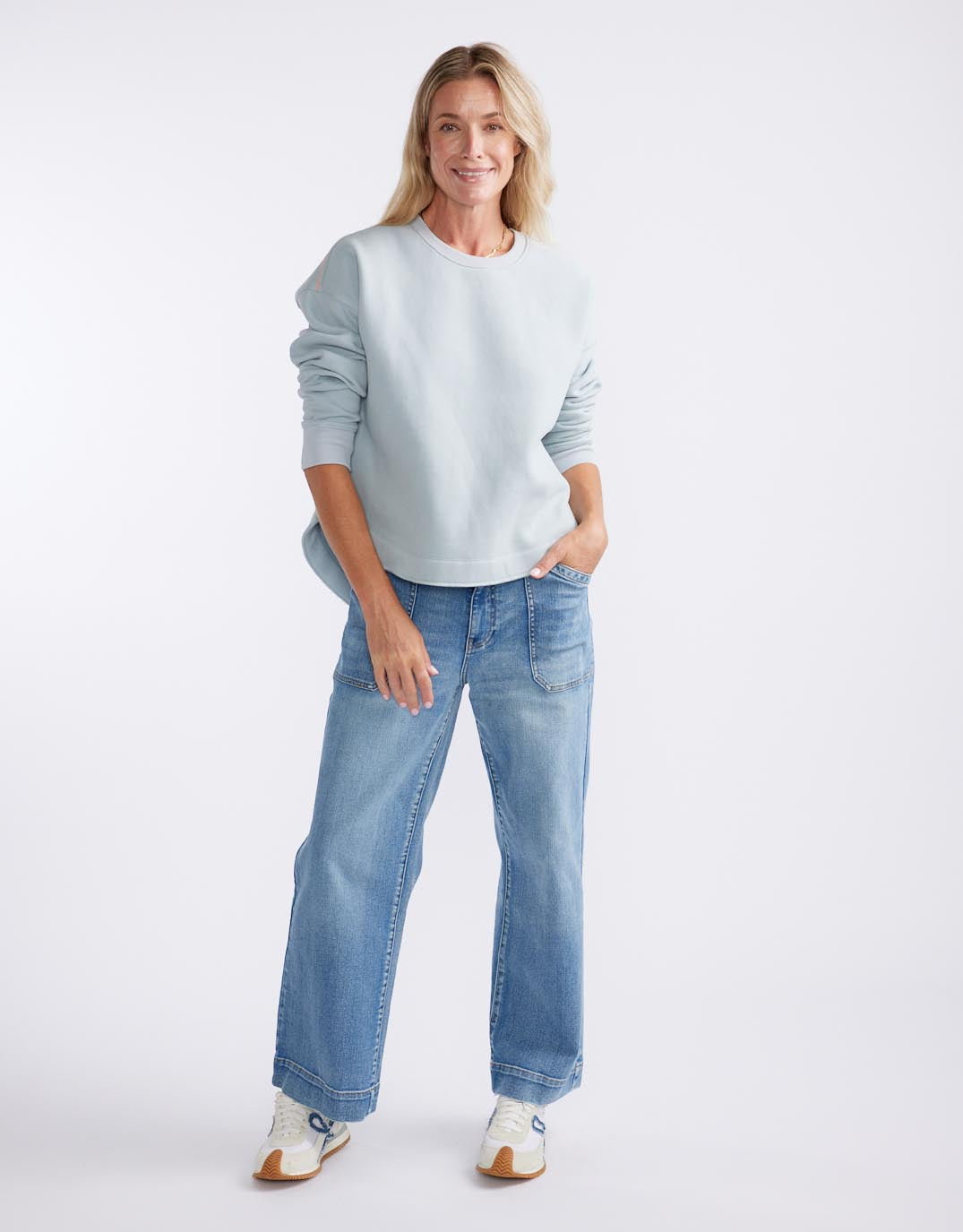 Monogram Fleece Scoop Hem Sweat - Light Blue